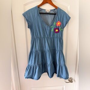 Tiered Denim Babydoll Dress w/ Floral Embroidery Cottagecore Boho Mini Size 8